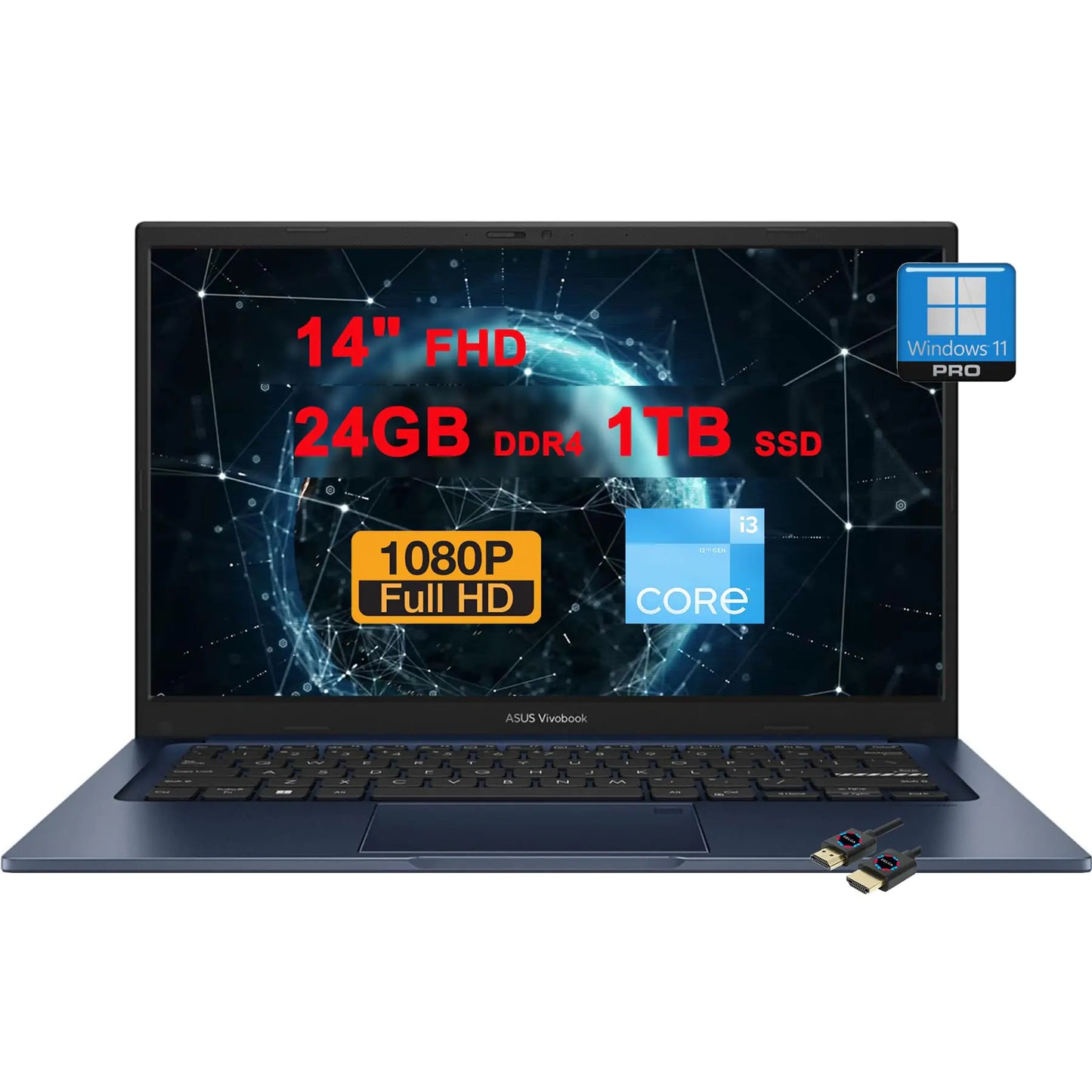 ASUS VivoBook 14 Business Laptop | 14" FHD Anti-Glare | Intel Hexa-core i3-1215U (>i7-1165G7) | 24GB DDR4 1TB SSD | USB-C Privacy Webcam SonicMaster Win11Pro Blue + HDMI Cable
